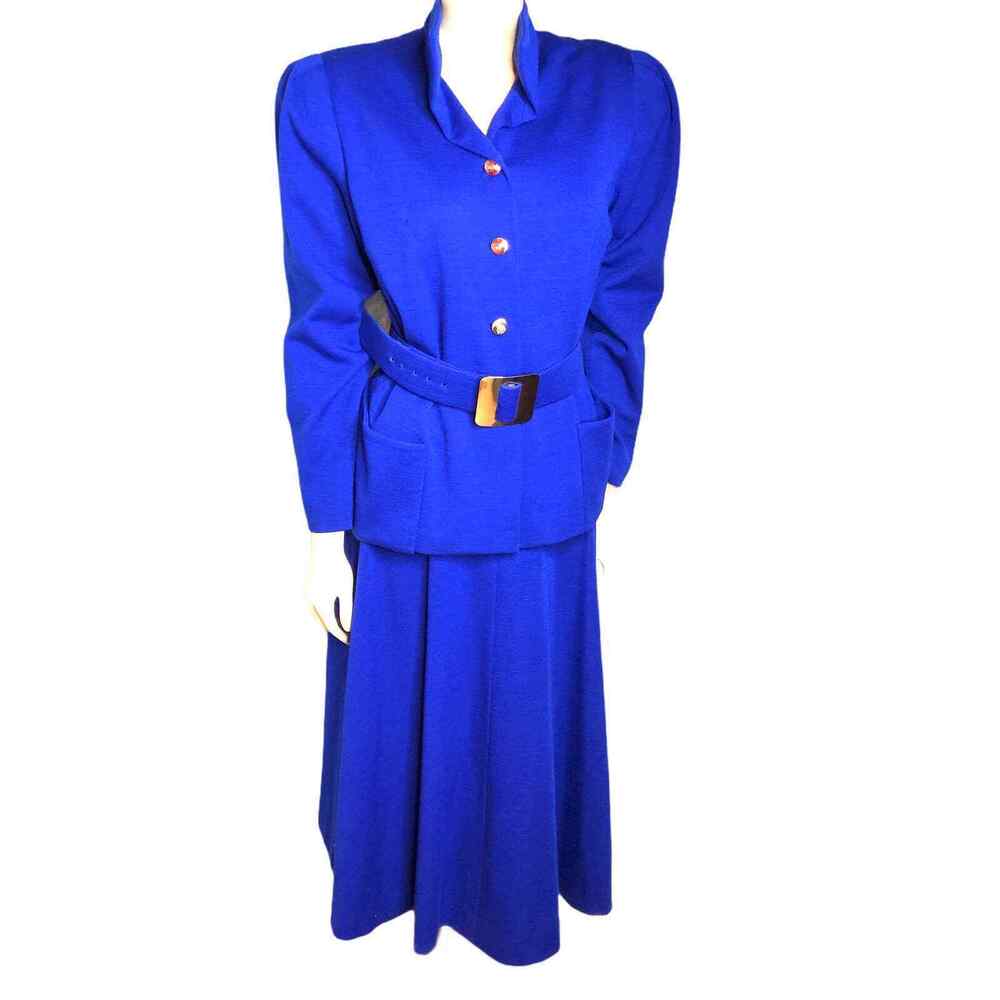 Pauline Trigere Vintage Blue Wool Suit with Belt